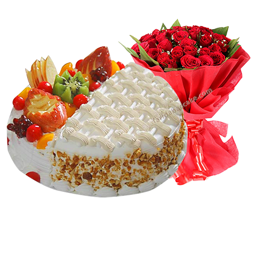 Fruit Cake with 5 Roses Bouquet