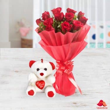 10 Roses Bouquet with Teddy
